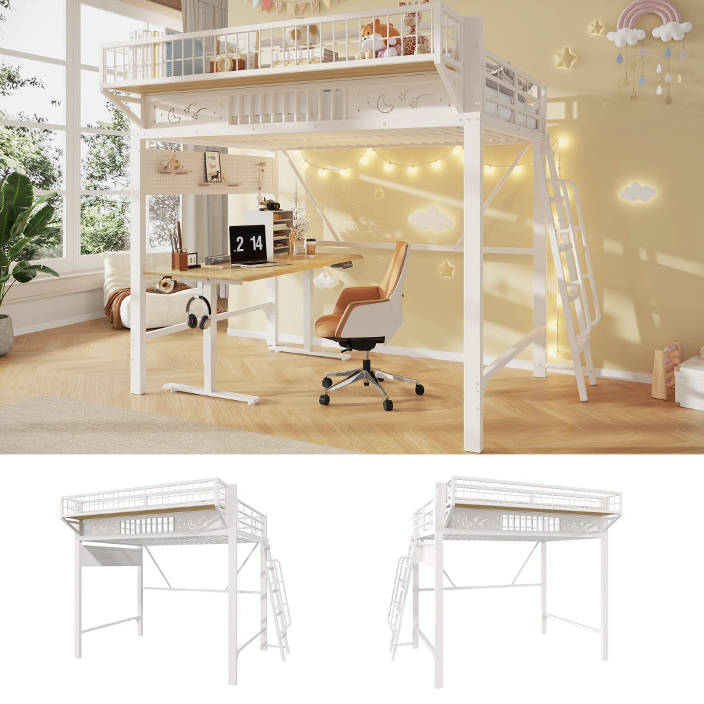 Letto a soppalco 140x200 cm per 2 persone, letto alto con ripiani portaoggetti e spazio aperto sottostante, metallo bianco