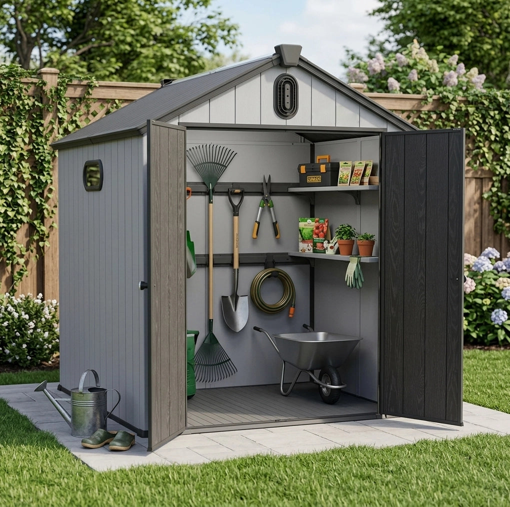 Casetta da giardino 6x8 ft in resina con doppia parete; grigio e bianco