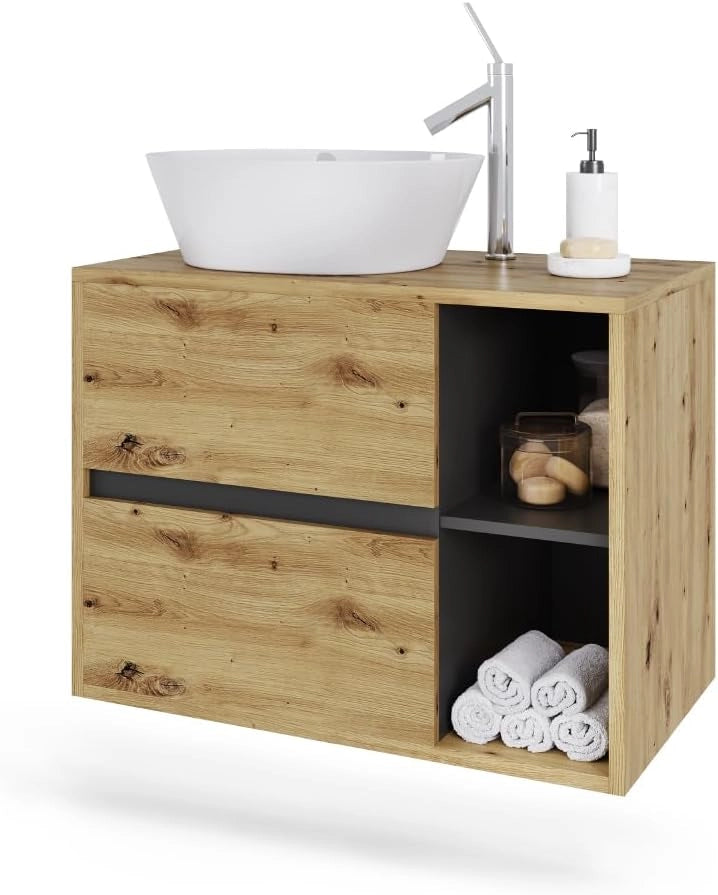 Mobile sottolavabo per bagno Viola, Artigiano/grigio, 80 x 60 cm con 2 cassetti