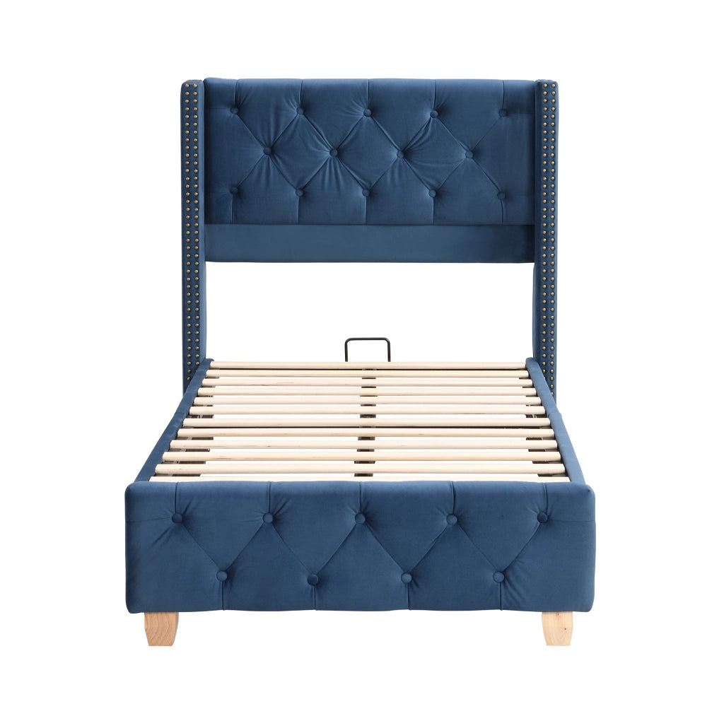 Letto imbottito 90x200 cm in velluto blu con testiera decorata e rete a doghe