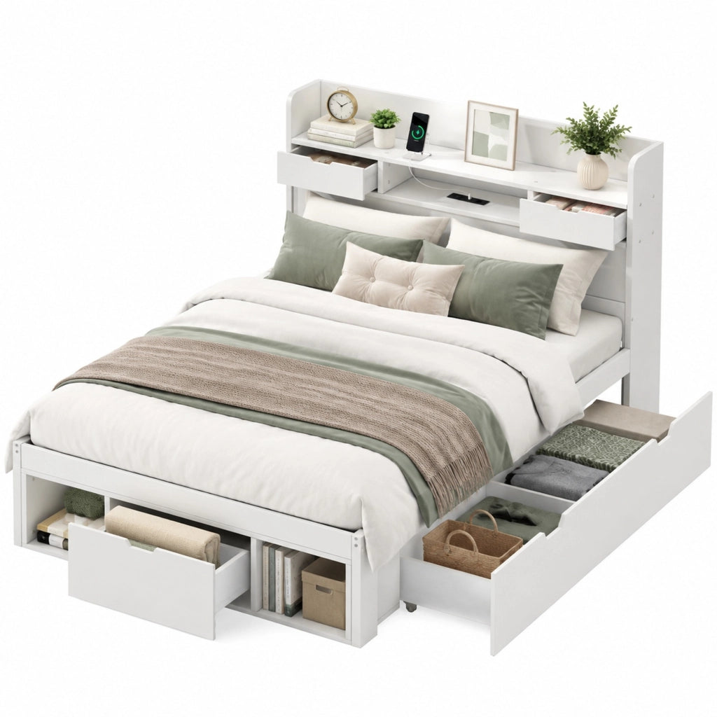 Letto singolo 90x200 cm con USB, prese Type-C, cassetti e vani contenitore, bianco, senza materasso