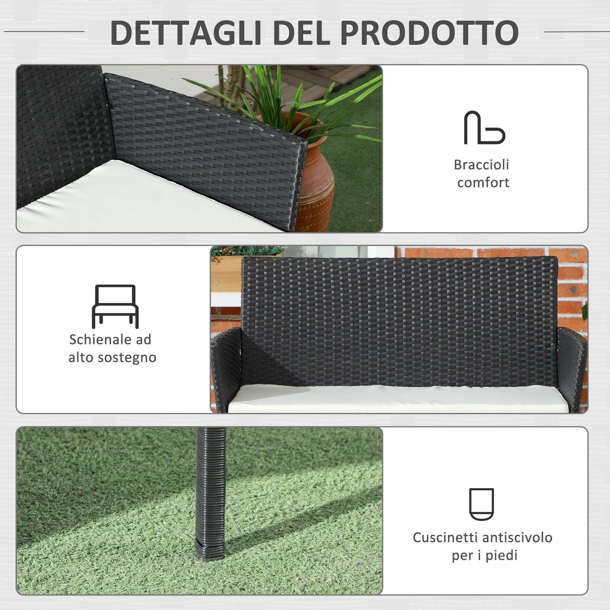 Divano da Giardino a 2 Posti con Cuscino e Braccioli 100x54x80cm in Rattan PE e Acciaio Nero