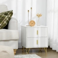 Comodino con 2 Cassetti in Legno con Maniglie e Gambe in Metallo, 40x40x47 cm, Bianco e Oro