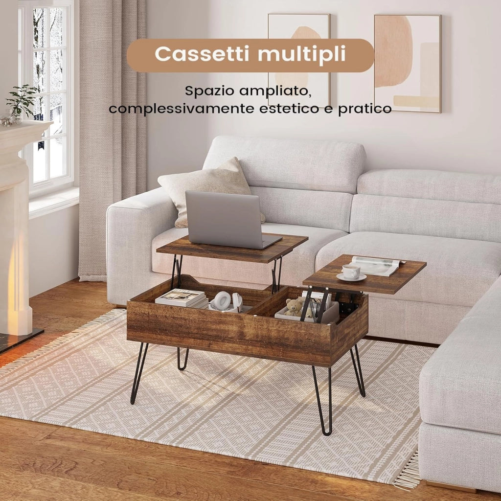WOLTU Tavolino da Caffè Sollevabile, Tavolino da Divano con Scomparto Nascosto, Tavolino da Salotto Industriale, Tavolino da Soggiorno con Gambe in Metallo, Marrone Rustico, BTS14vbn
