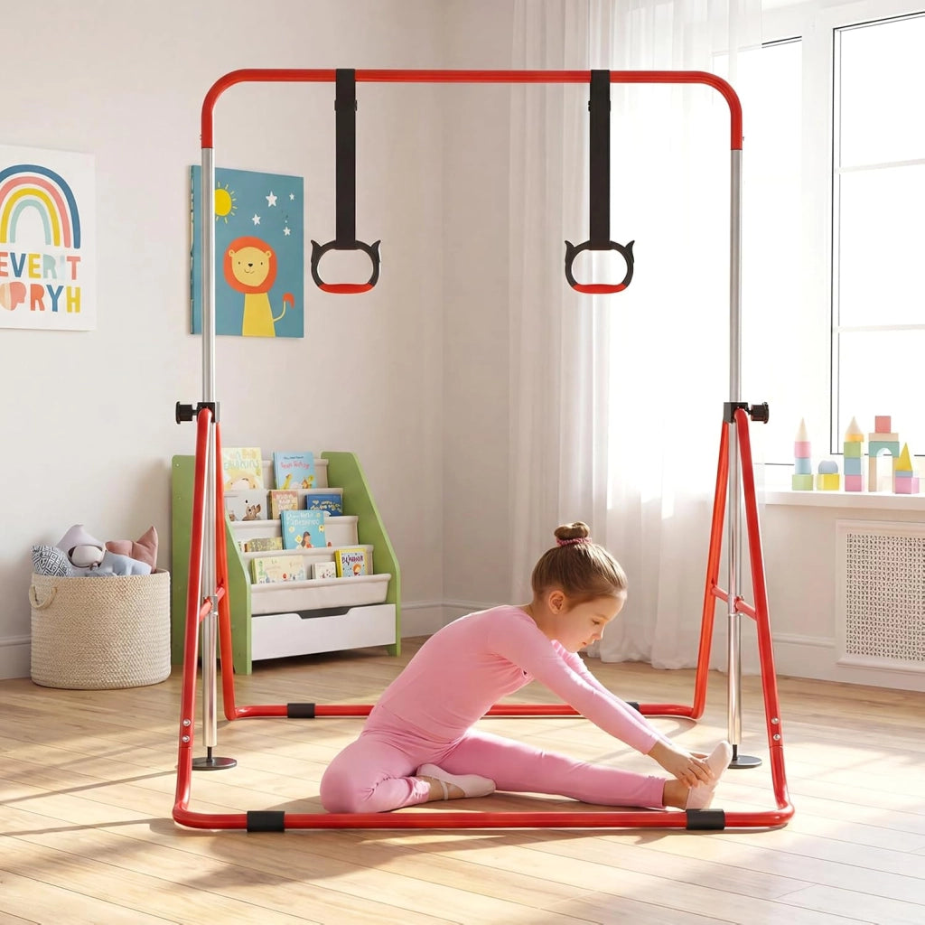 Sbarra Ginnastica Pieghevole per Bambini, Barra Ginnastica per Casa Regolabile a 4 Livelli con Anelli e Cuscinetti Antiscivolo, Attrezzatura Ginnastica per Bambini 3-12 Anni