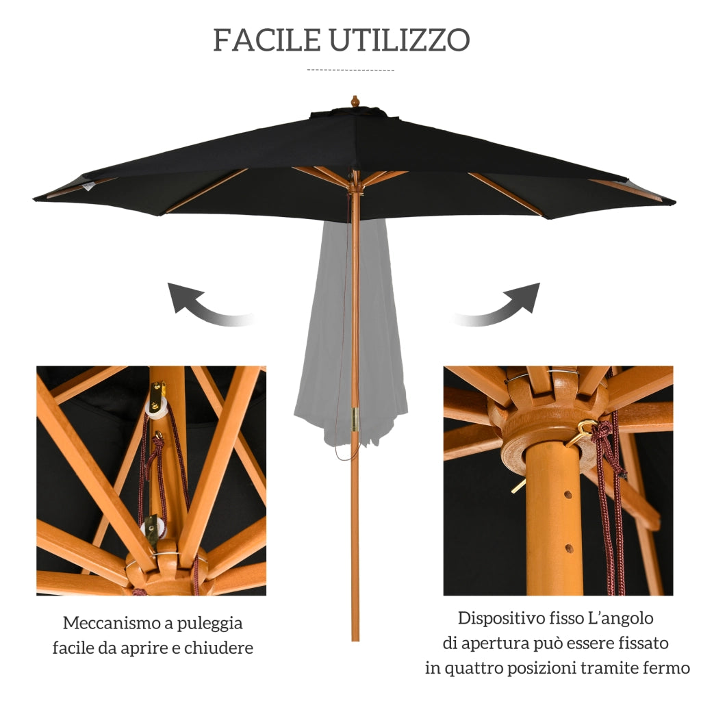 Ombrellone da Giardino 3 m con Palo in Legno, 8 Stecche e Parasole in Poliestere, Nero