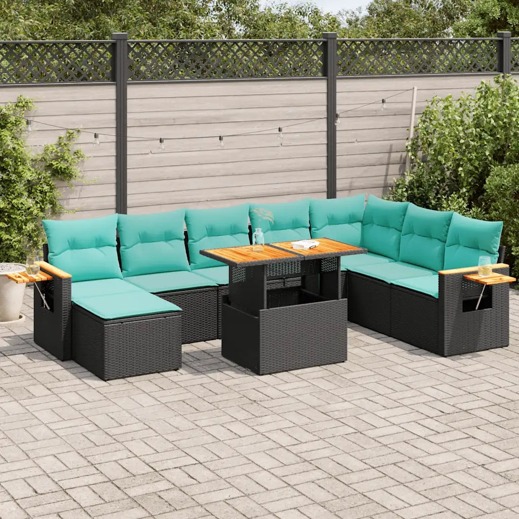 Set Divani Giardino 10pz con Cuscini Nero in Polyrattan Acacia