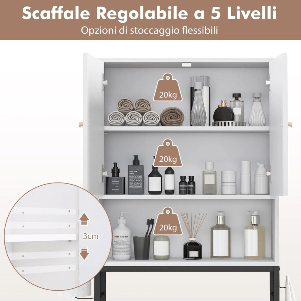 Scaffale Bagno 165,5 cm Sopra WC, Mobile Bagno Salvaspazio con 2 Porte, Ripiano Regolabile, Bara Inferiore Regolabile, 2 Ganci Laterali, Organizzatore sopra Gabinetto per Lavanderia (Bianco)