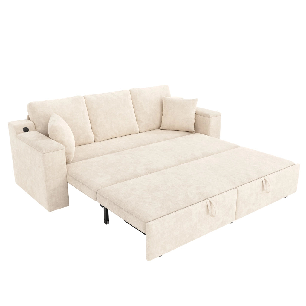 Divano letto 3 posti - con funzione letto; contenitore e porte USB e Type-C - in ciniglia beige