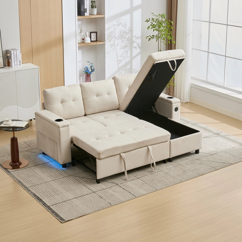 Sofa letto pieghevole 208 x 146 x 89;5 cm con contenitore nascosto; beige