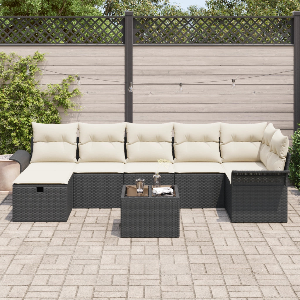 Set divano da giardino 8 pezzi con cuscini in polyrattan nero