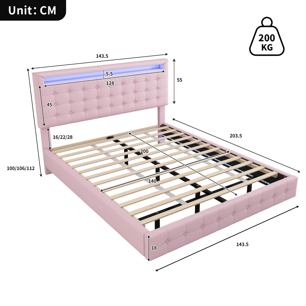 Letto Adulti 140×200 cm; Letto Matrimoniale con LED Regolabile e Testiera Regolabile; senza Materasso; PU; Rosa