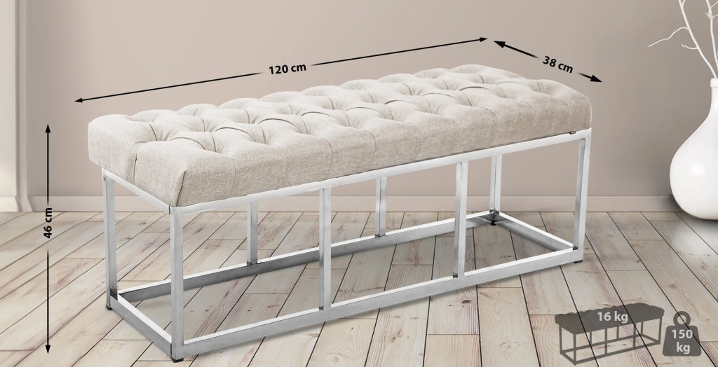 Panca AMUN in tessuto e acciaio inox crema,120 cm