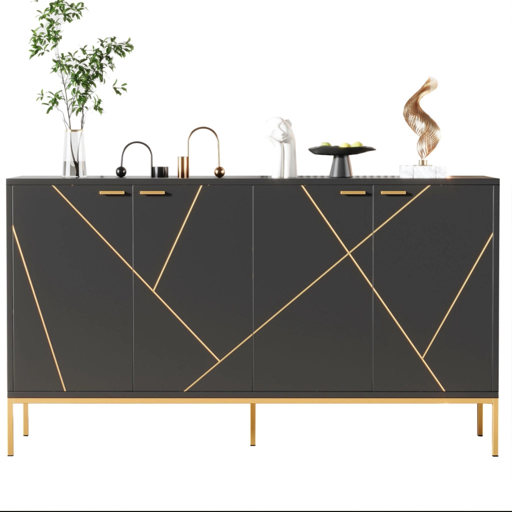 Credenza a 4 ante nera e oro con ripiano regolabile, 150x40x80 cm