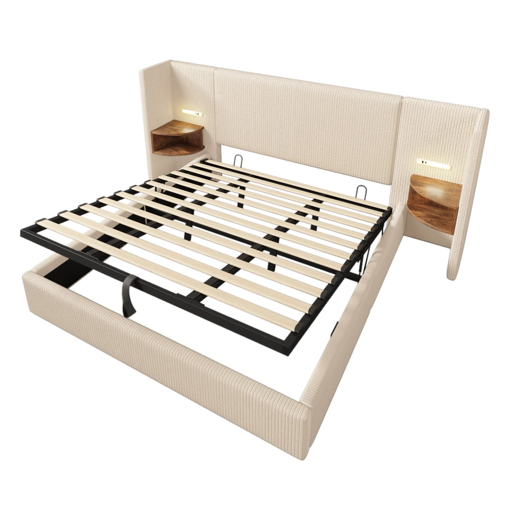 Letto matrimoniale 180x200 cm con contenitore; testiera con mensola e luce LED; tessuto corduroy beige