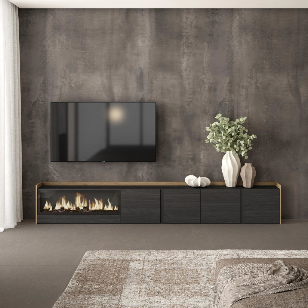 Mobile TV Soggiorno, 315x50x35 cm, Per TV fino a 80", Camino elettrico XXL, Nero e rovere