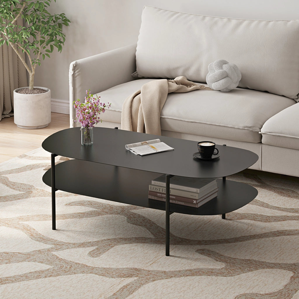Tavolino Basso Enebakk in Acciaio con Piano Ovale 112 x 62 x 40,5 cm Nero [en.casa]