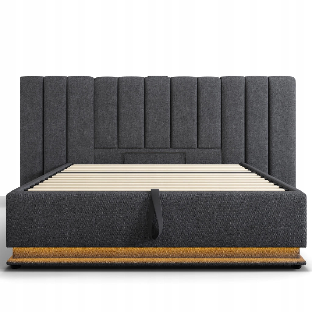 Letto imbottito con LED e USB-C - Xylo - 180x200 - Grigio - Con materasso