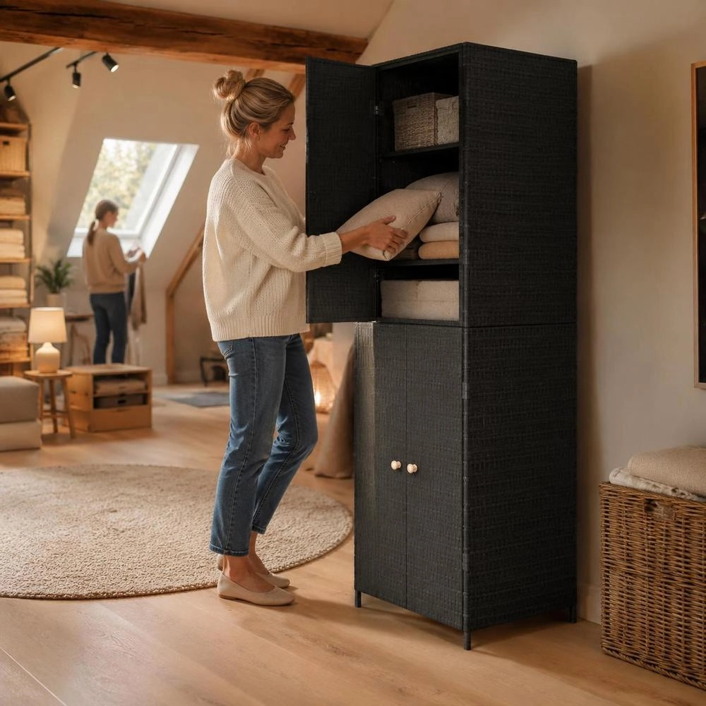 Garden Cabinet, Black, 59x40x180 Cm, Poly Rattan