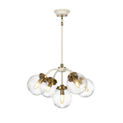 Lampadario Contemporaneo Cosmos Acciaio Crema Vetro Ottone 5 Luci E14