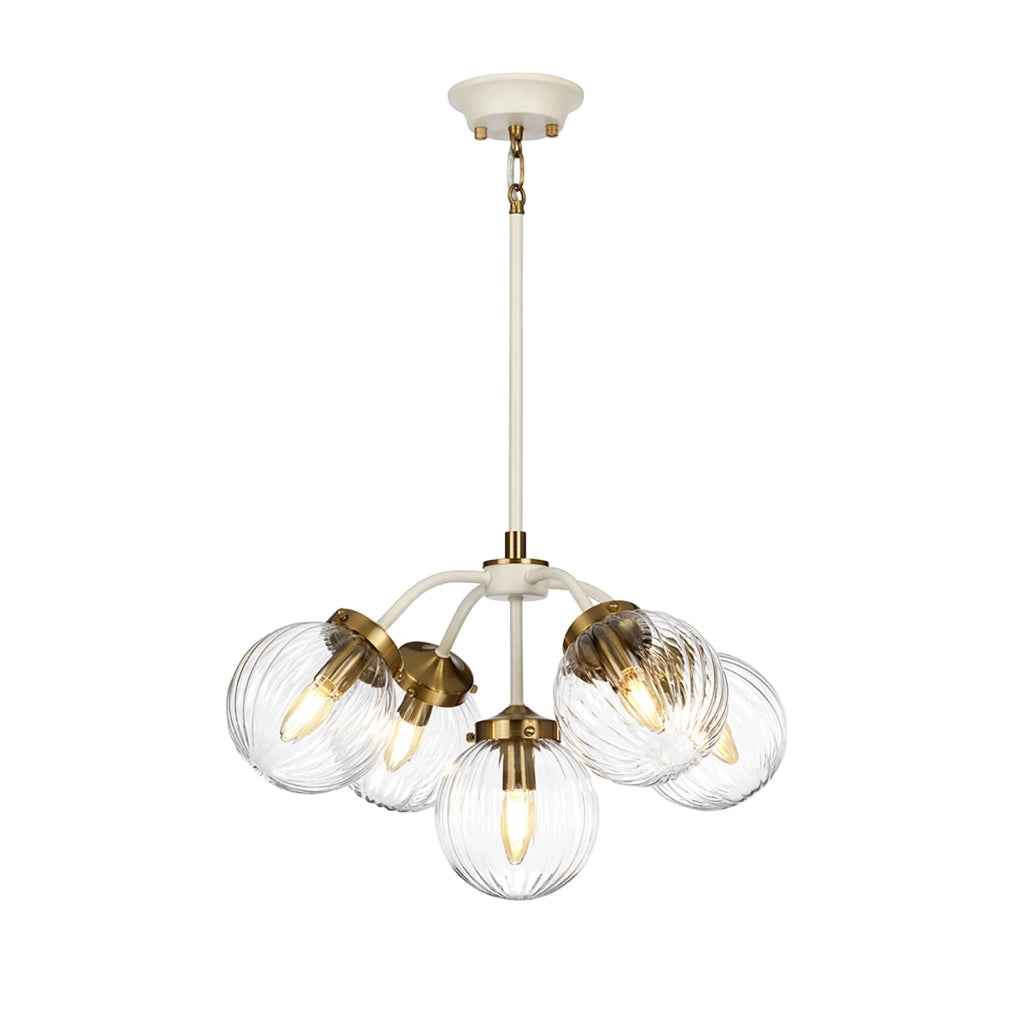 Lampadario Contemporaneo Cosmos Acciaio Crema Vetro Ottone 5 Luci E14