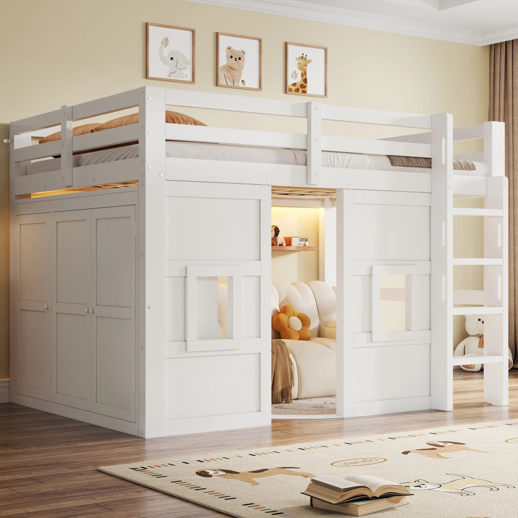 Letto a soppalco in legno con armadio integrato - Zephmum- 140x200 cm- Bianco- 2 finestre, illuminazione LED