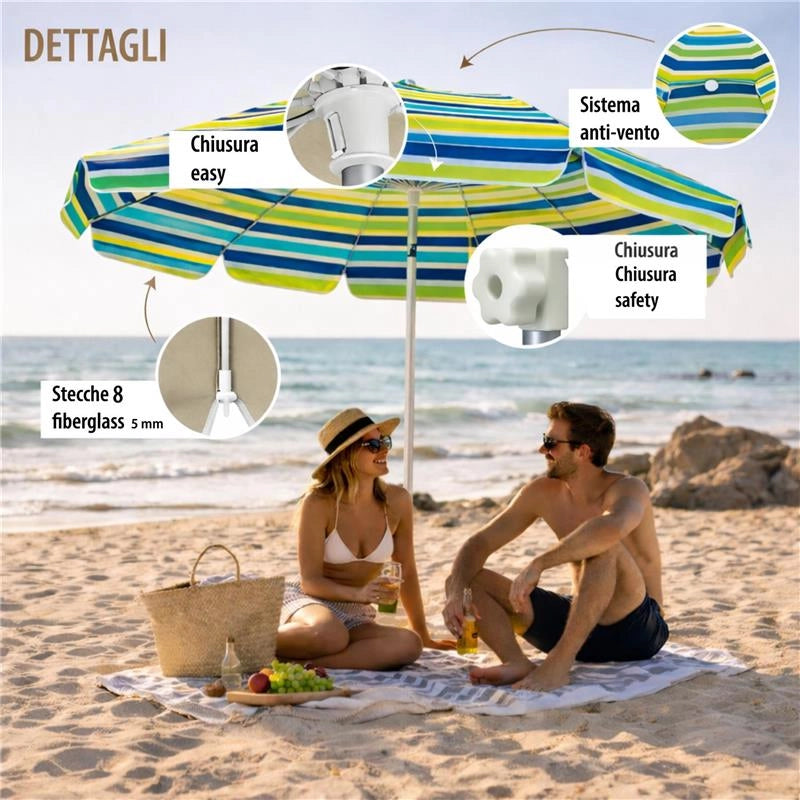 OMBRELLONE LUXURY CON SNODO SISTEMA ANTIVENTO CHIUSURA SAFETY IN COLORAZIONE ASSORTITA 200CM