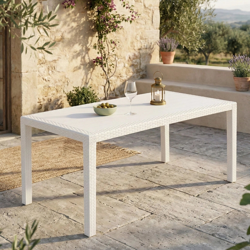 Tavolo da esterno Arca, Tavolo fisso rettangolare, Tavolo da giardino multiuso effetto rattan, 100% Made in Italy, Cm 138x78h72, Bianco