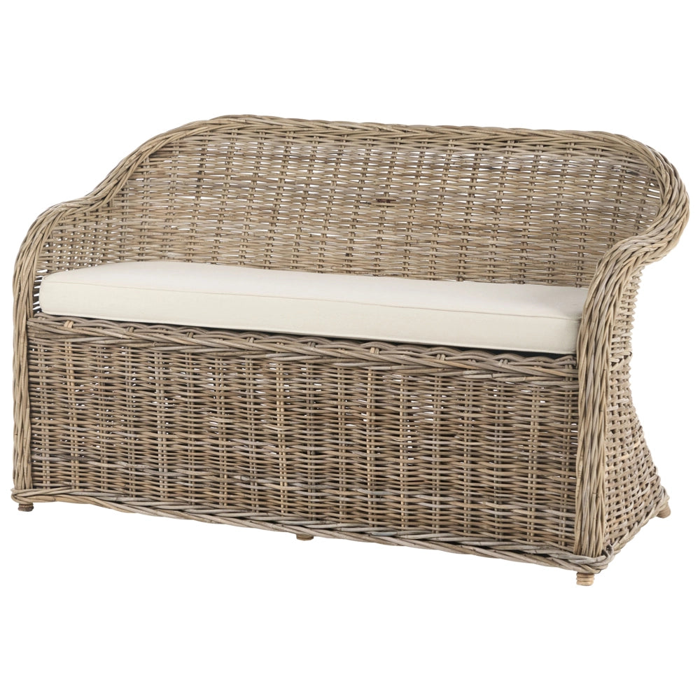 Panca 2 posti in rattan naturale con cuscini tessuto bianco sporco stile boho esterno giardino