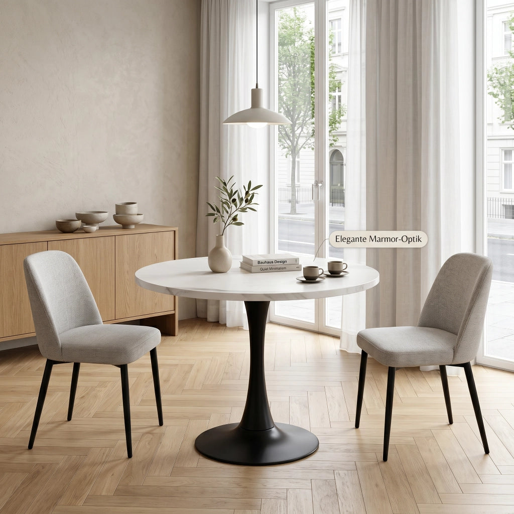 Tavolo da pranzo rotondo moderno per 2-4 persone con base centrale, in MDF e metallo, bianco e nero, diametro 80 cm