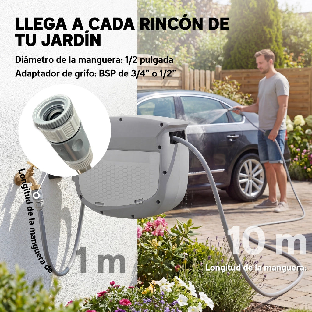 Molla per Tubo Retrattile 10+1 m ¨C zephmum ¨C Grigio con Supporto e Boquilla 2 Modifiche
