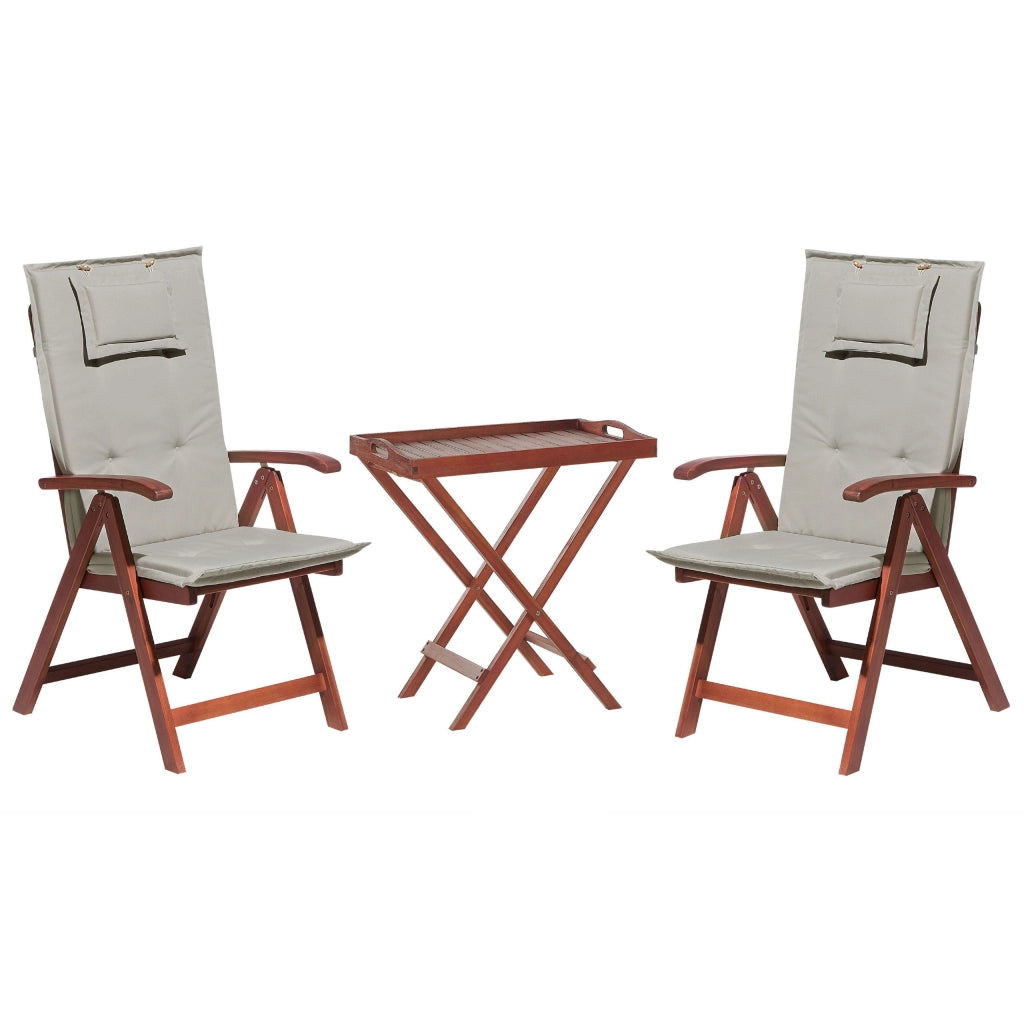 Set da bistrot da giardino Tavolo in legno di acacia chiaro 2 sedie con cuscini color tortora Schienale regolabile pieghevole in stile rustico