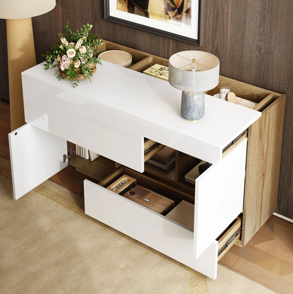 Credenza bicolore con 2 cassetti; 2 ante; vano aperto e LED app a 16 colori