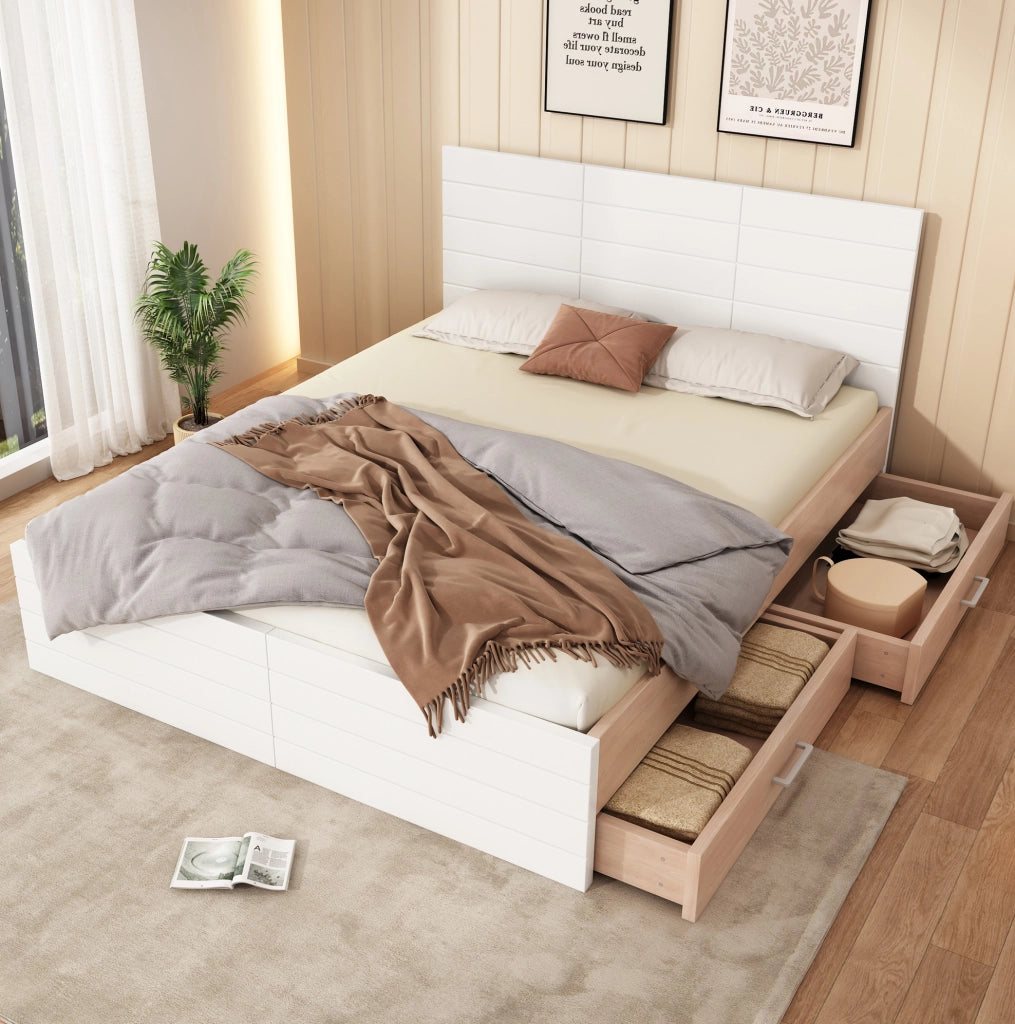 Letto matrimoniale 180x200 cm con 2 cassetti; in legno massello e MDF; bianco e rovere