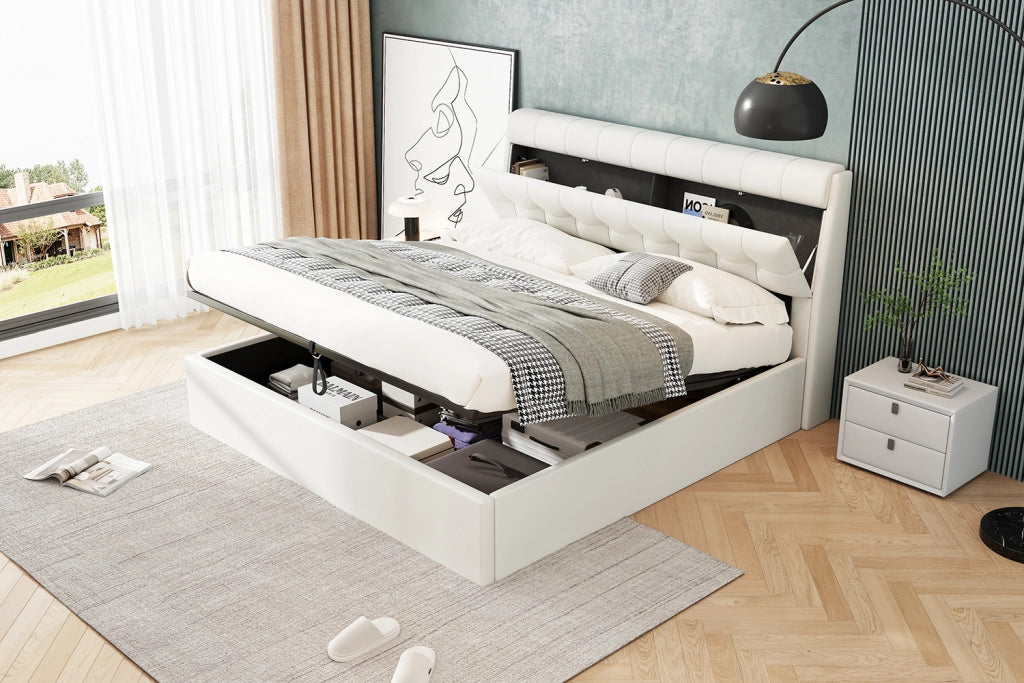 Letto imbottito 160x200 in PU bianco con contenitore idraulico e rete a doghe