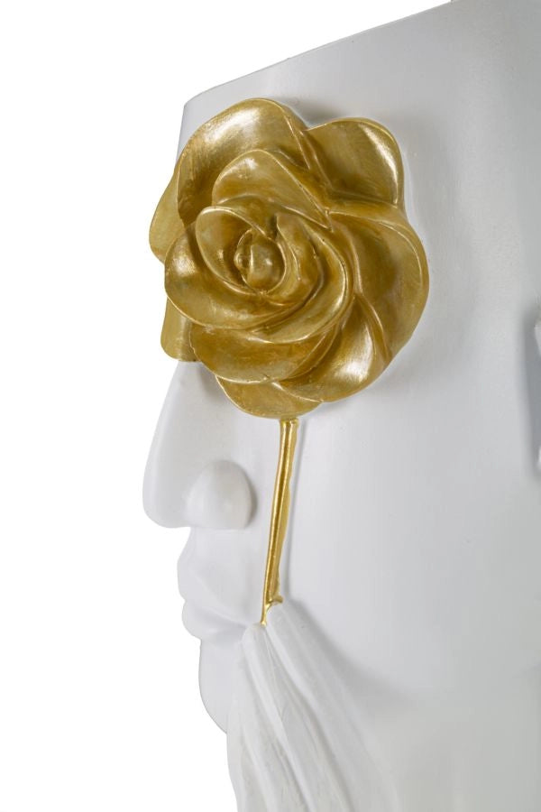 Vaso Face con Fiore 14x13x27 cm in Poliestere Bianco e Oro
