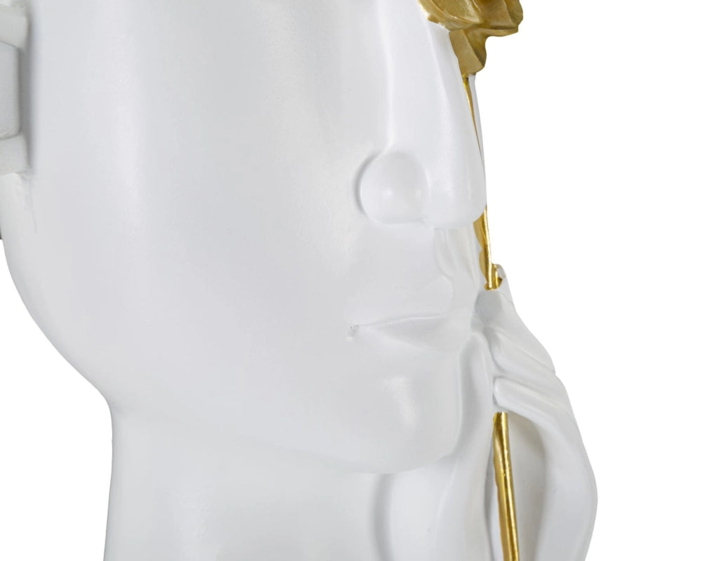 Vaso Face con Fiore 14x13x27 cm in Poliestere Bianco e Oro