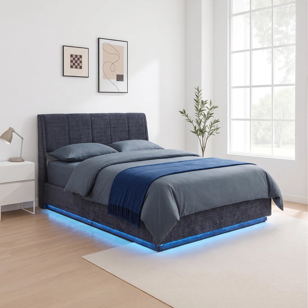 Letto Francese Contenitore Tröstiar con Apertura a Ribalta e Luce LED 140x200 cm - Effetto Lino Blu [en.casa]