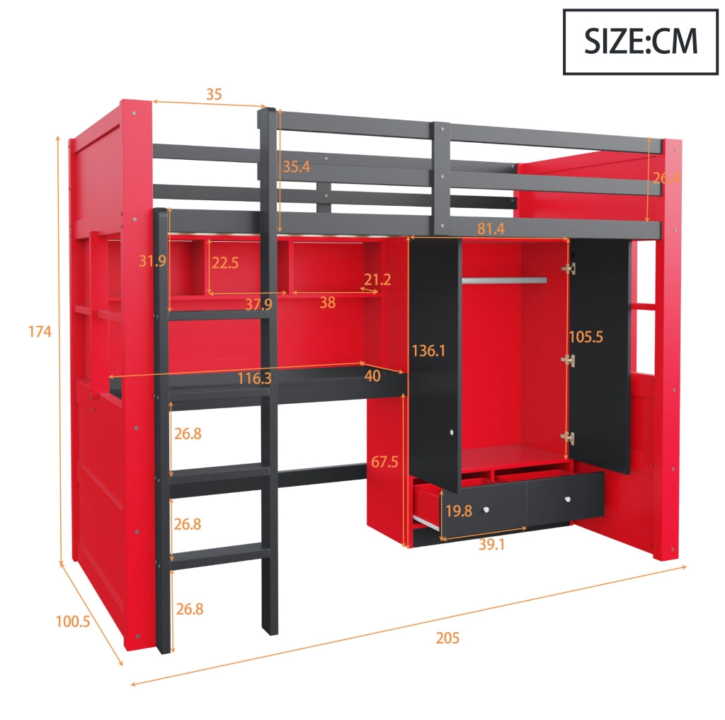 Letto a soppalco 90x200 cm con scrivania; armadio; cassetti; LED e prese; nero e rosso