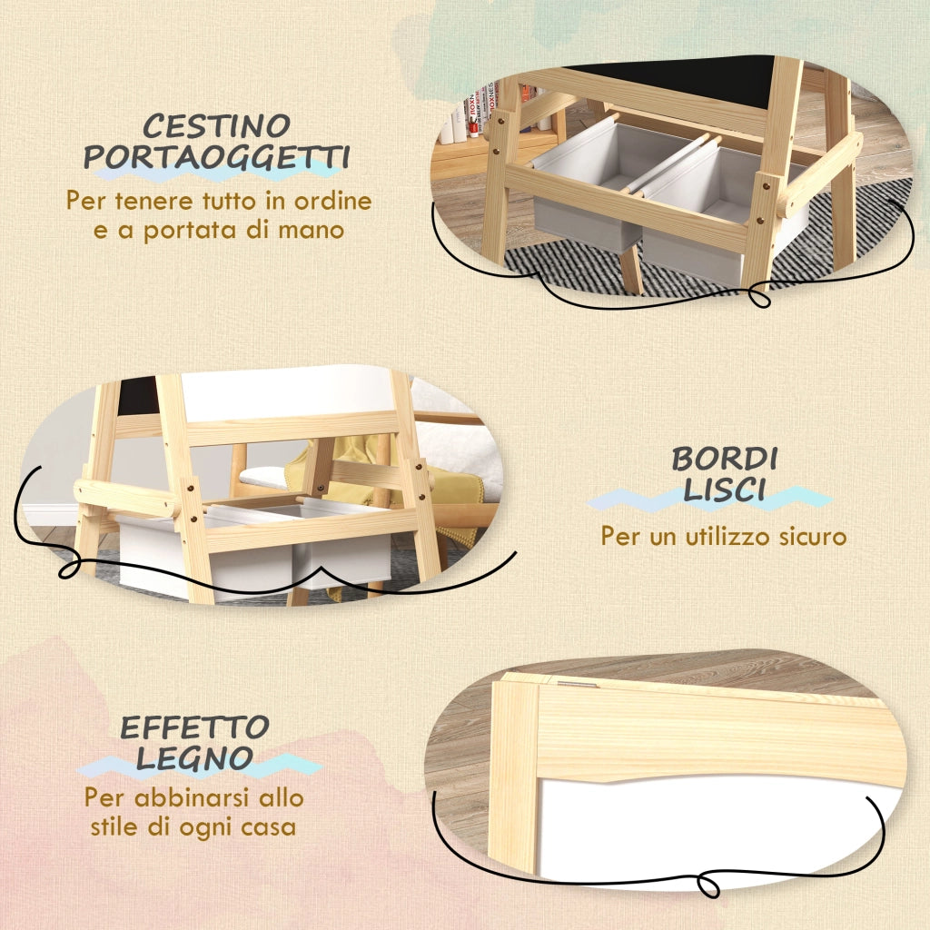EasyComfort Lavagna per Bambini con Cavalletto 3 in 1 e Cestini, Età 3-6 anni, 58x50.5x109cm, Color legno