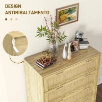Mobile Cassettiera 4 Cassetti Stile Boho in Legno e Rattan, 90x45x108.5cm, Rovere