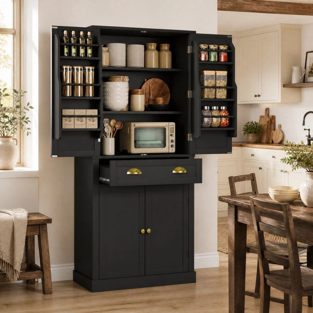 Credenza dispensa alta 80x40x182 cm con 4 ante e cassetto nera