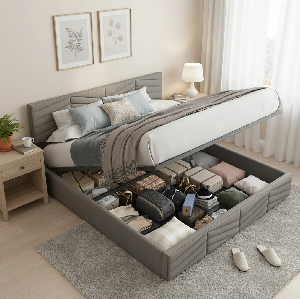 Letto matrimoniale imbottito 140x200 cm in velluto grigio con testiera regolabile e contenitore