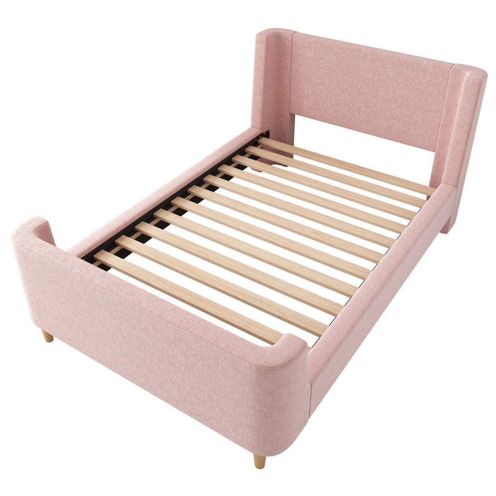 Letto singolo per bambini 90x200 cm in velluto, letto a slitta con motivo spaziale, rosa