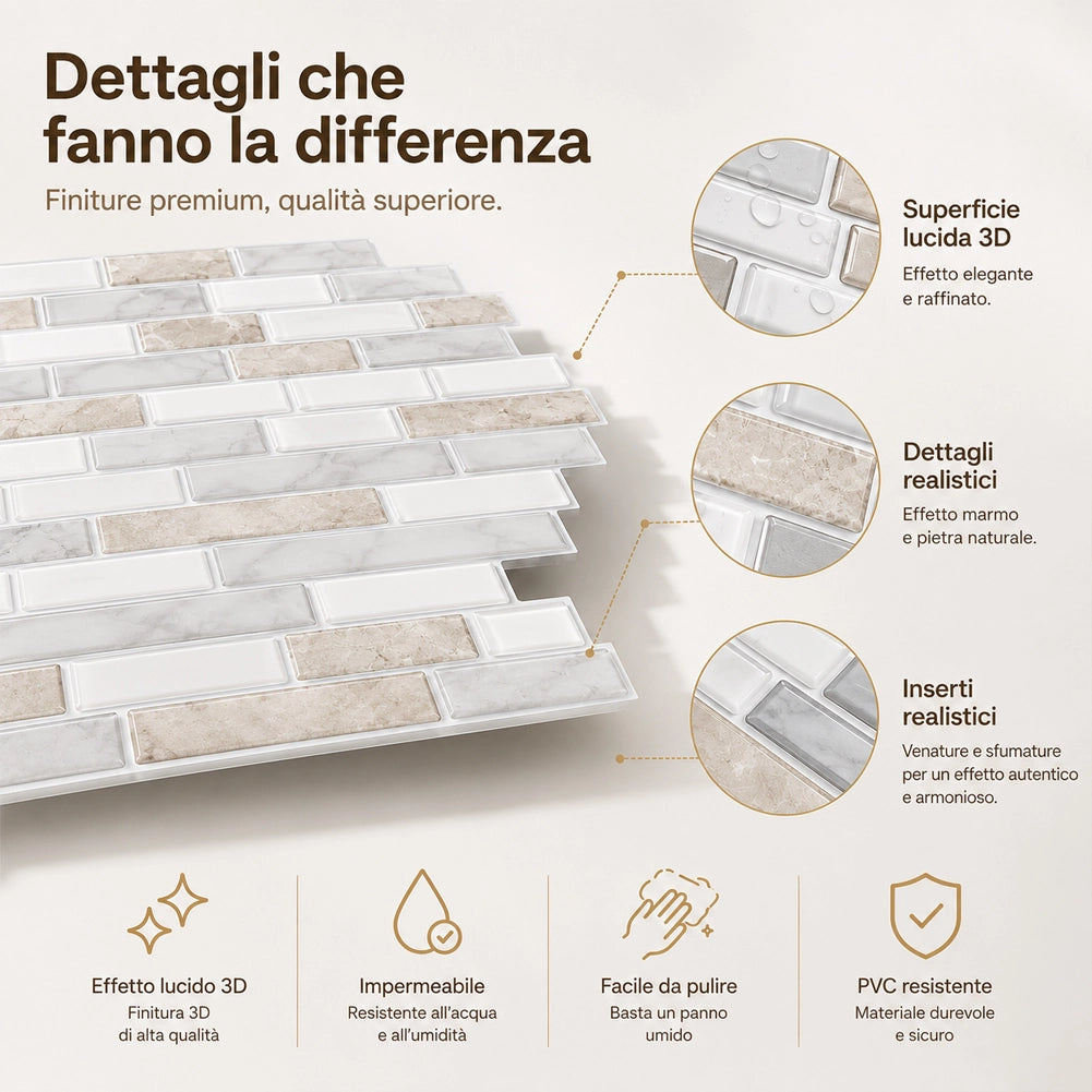 Set 10 Pannelli Adesivi Piastrelle Muro Parete 30.5 cm Decoro Mattoncini Beige