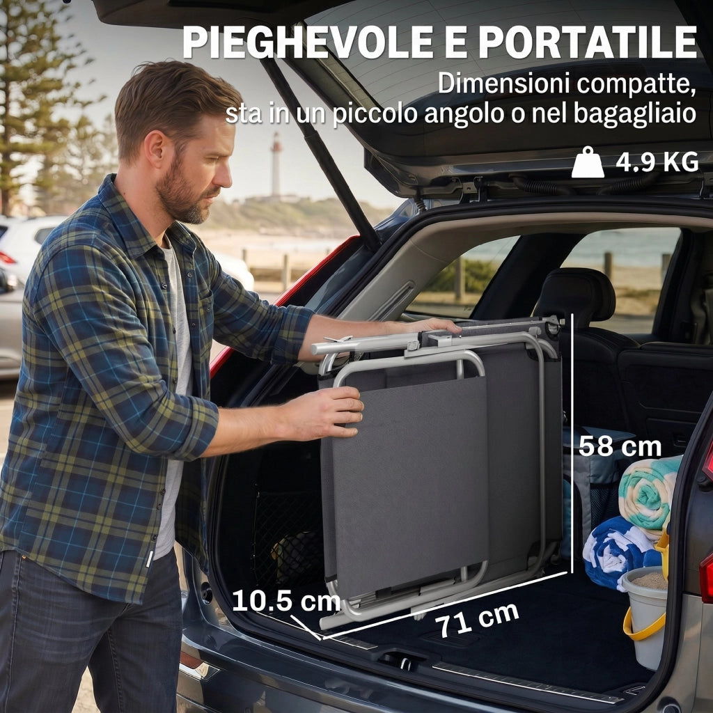 Lettino Prendisole da Giardino Pieghevole e Regolabile con Tettuccio in Tessuto Grigio. 187x58x50 cm