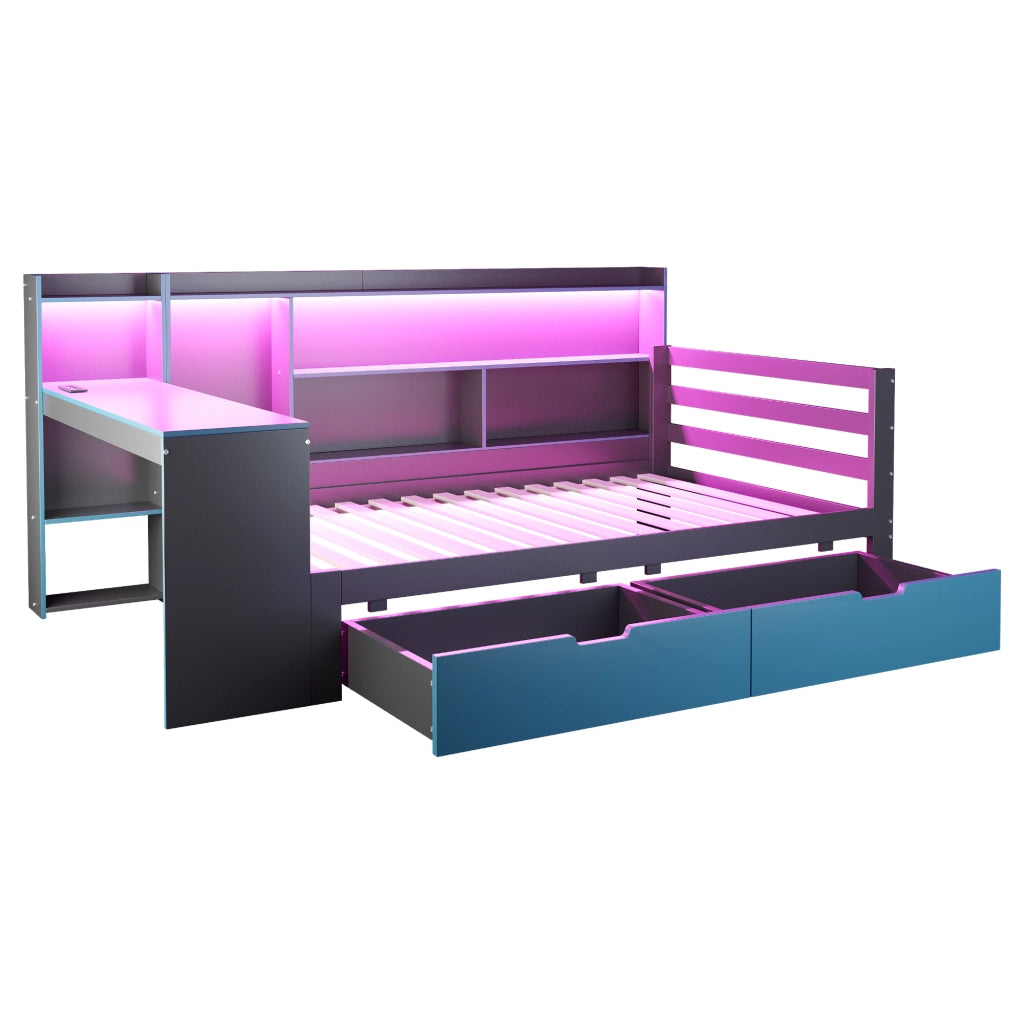 Letto a Soppalco con Scrivania ¨C MINIMAL ¨C Nero e Blu, Legno, 90x200, LED, Cassetti, Contenitore
