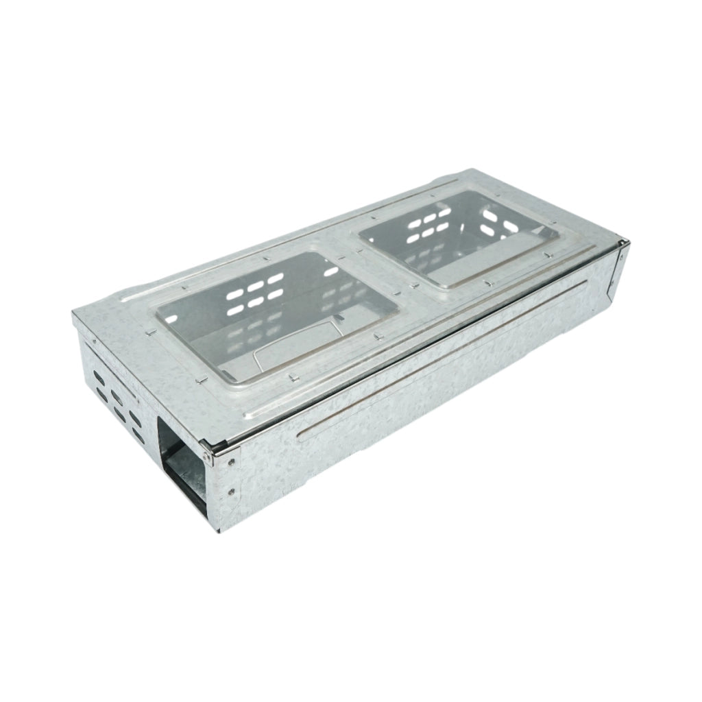 Trappola per topi professionale in metallo zincato, dimensioni 36,3x16,1x6,1 cm.