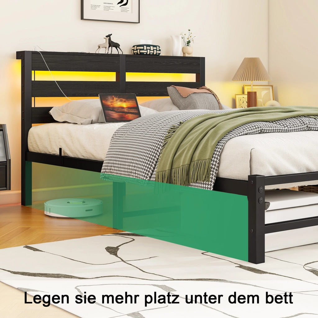 Letto singolo 120 × 200 cm con LED RGB, 2 porte USB, ripiano e spazio sotto il letto, senza materasso, nero