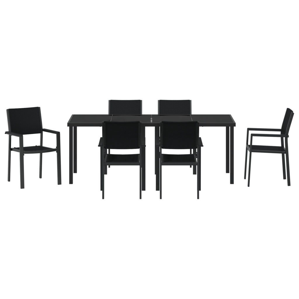 Set da Pranzo per Giardino da 7 Pezzi Nero in Polyrattan